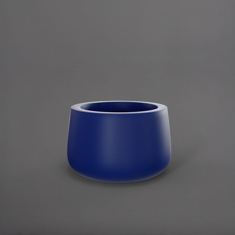 Short Hayden Tapered Round Fiberglass Planter in matte cobalt blue against gray background.
