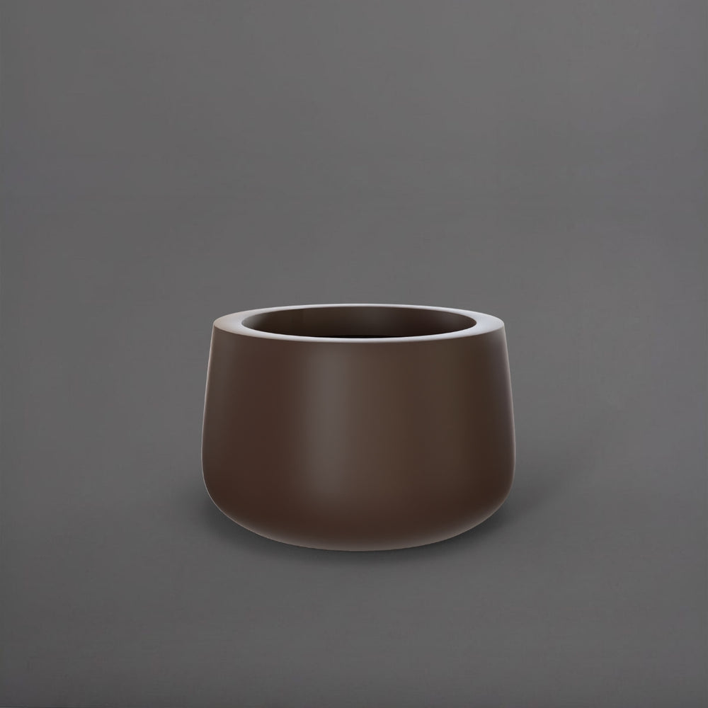 Short Hayden Tapered Round Fiberglass Planter in matte dark brown against gray background.