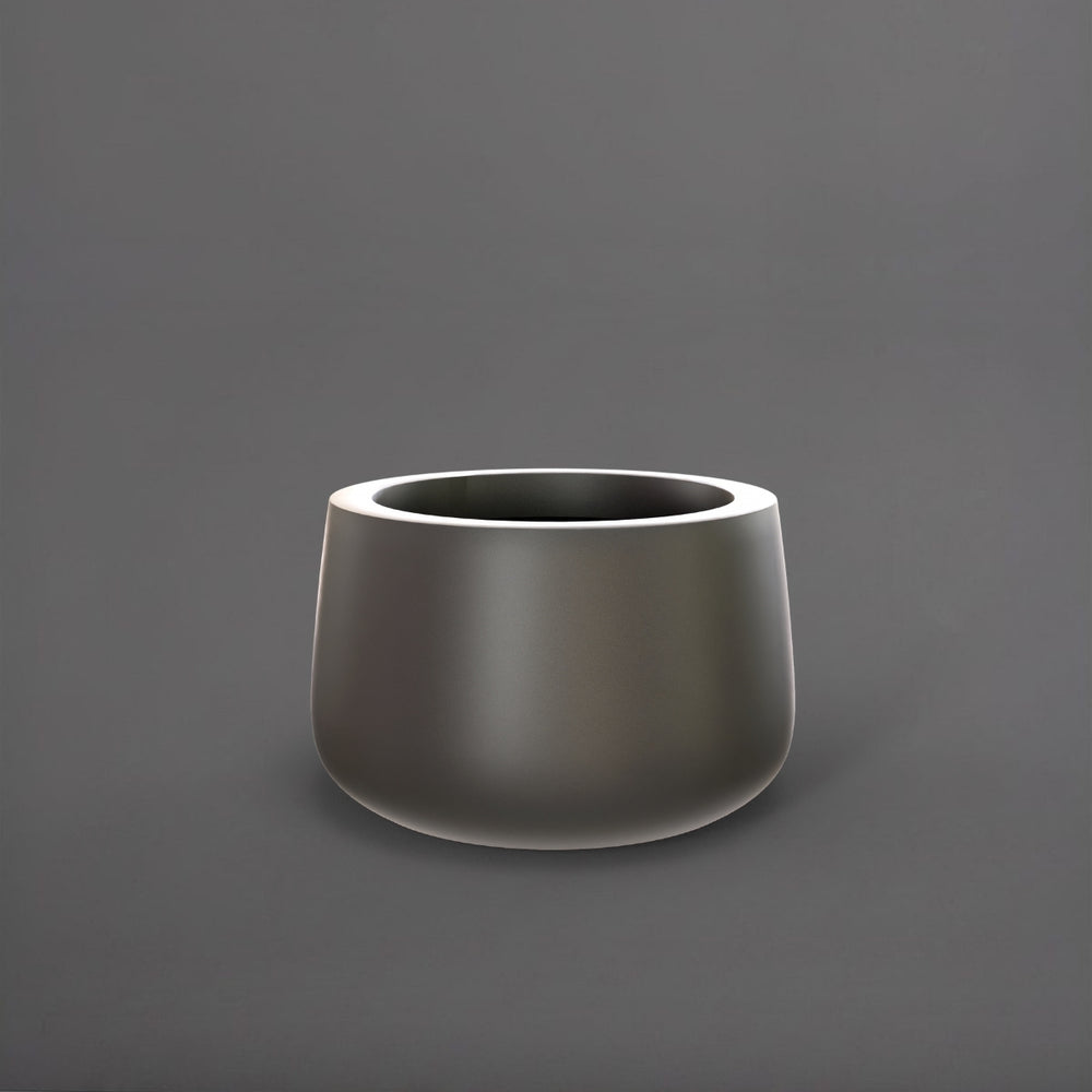 Short Hayden Tapered Round Fiberglass Planter in matte gunmetal against gray background.