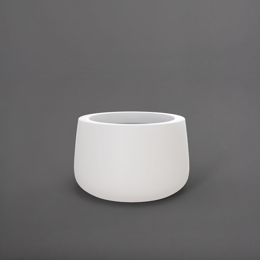 Short Hayden Tapered Round Fiberglass Planter in matte white against gray background.