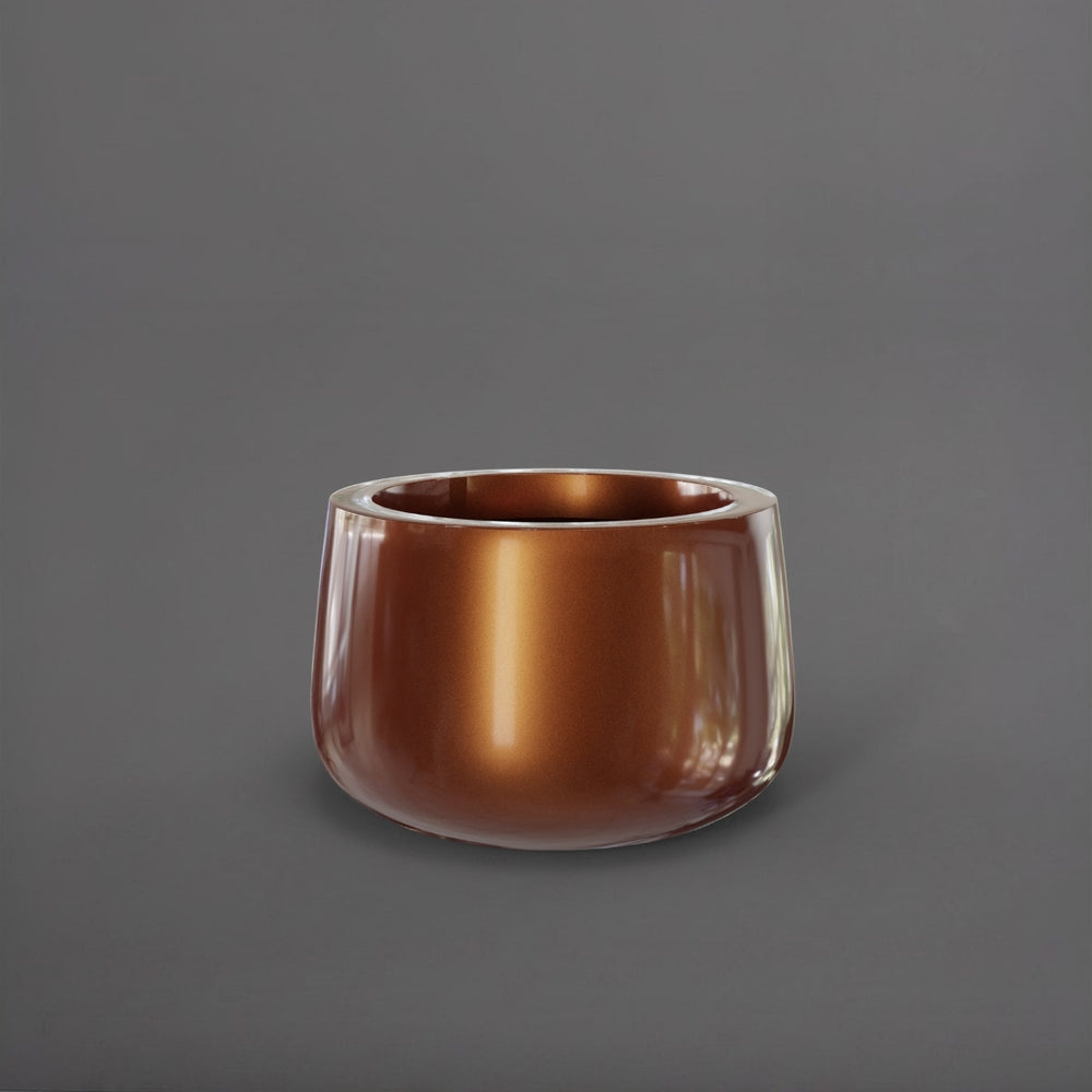 Short Hayden Tapered Round Fiberglass Planter in metallic bronze against gray background.