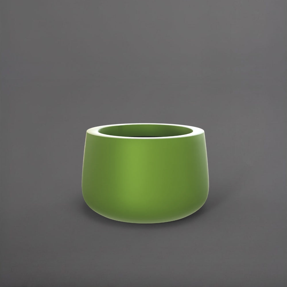 Short Hayden Tapered Round Fiberglass Planter in satin green against gray background.