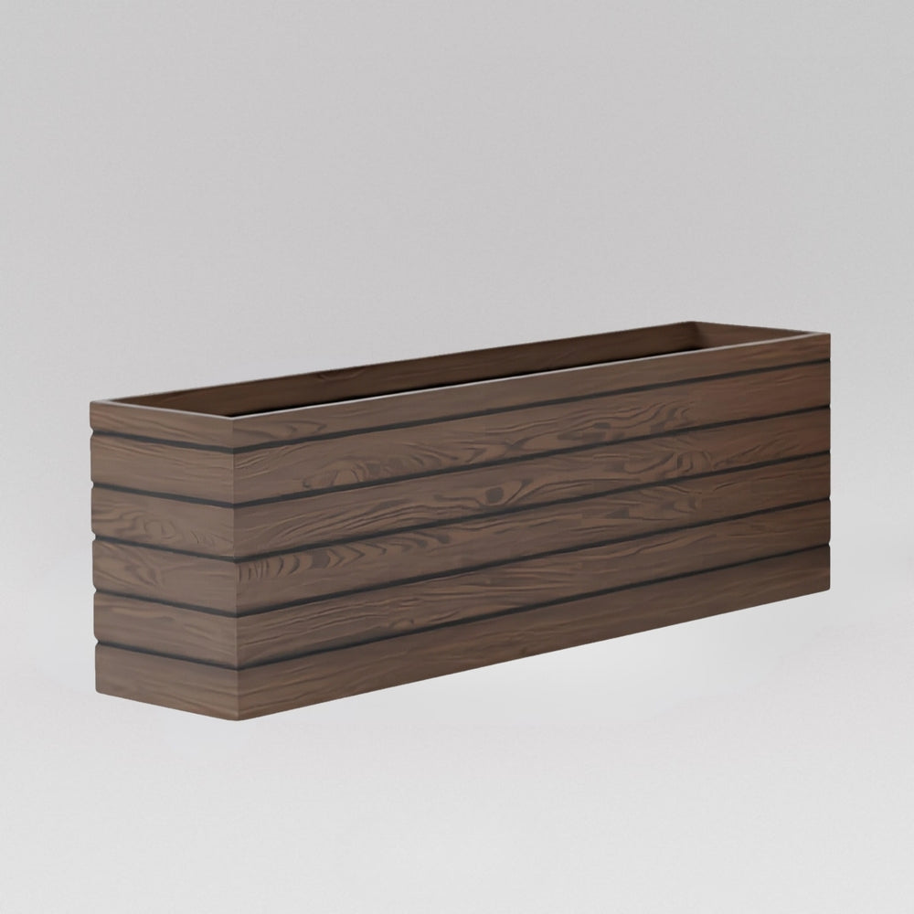 Siena Low Rectangle Wood Look Fiberglass planter in 72 inch against white background.