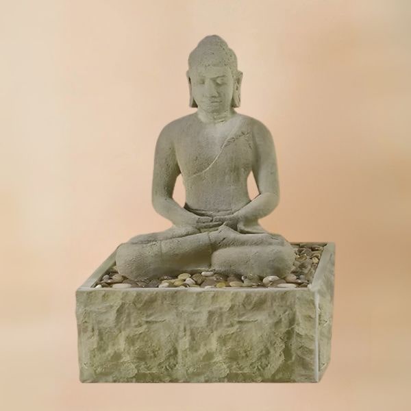Sitting Buddha Foutnain against brown background.