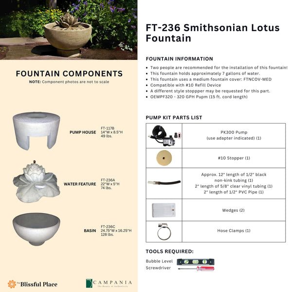 Complete overview of the Smithsonian Lotus Fountain with dimensions, weights, pump kit parts, tools, and general info.