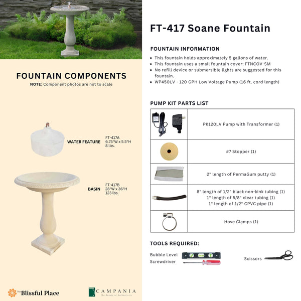 Complete overview of the Soane Fountain with dimensions, weights, pump kit parts, tools, and general info.