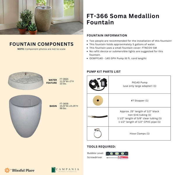 Complete overview of the Soma Medallion Fountain with dimensions, weights, pump kit parts, tools, and general info.