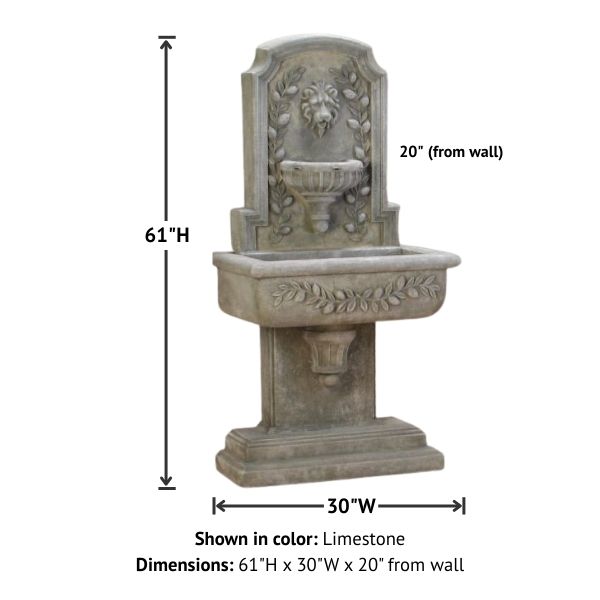 Sorrentine Wall Fountain against white background with product details.