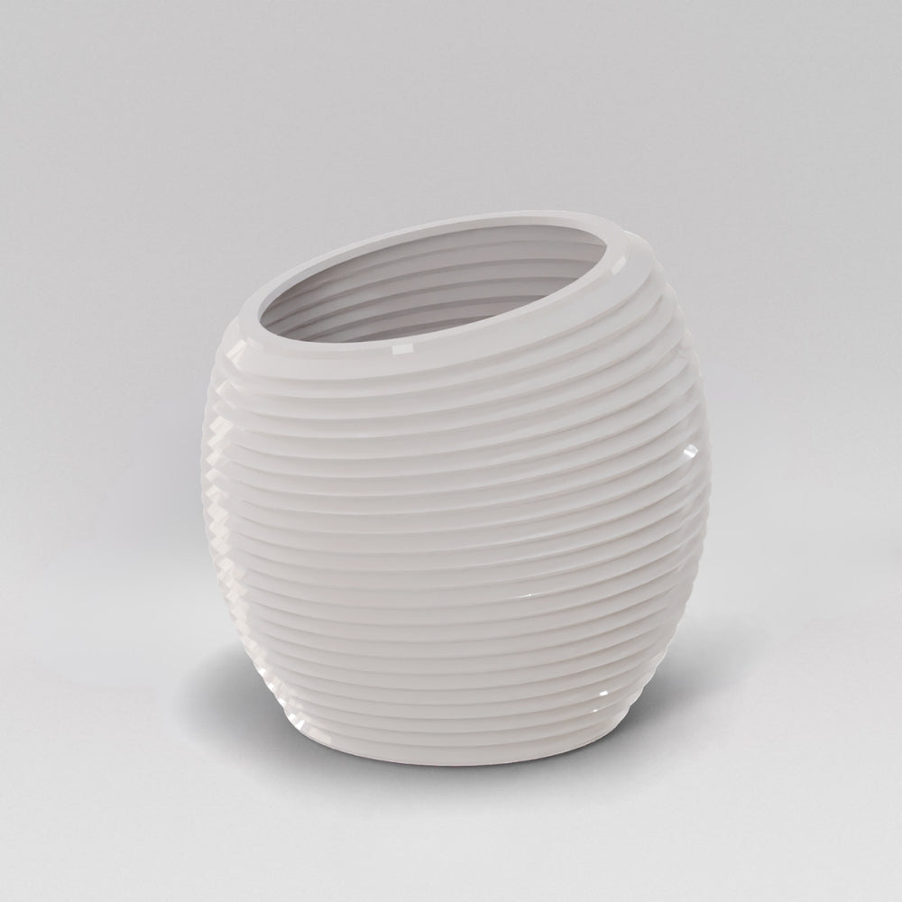 Spiral Globe Fiberglass Planter in gloss bright white against gray background.