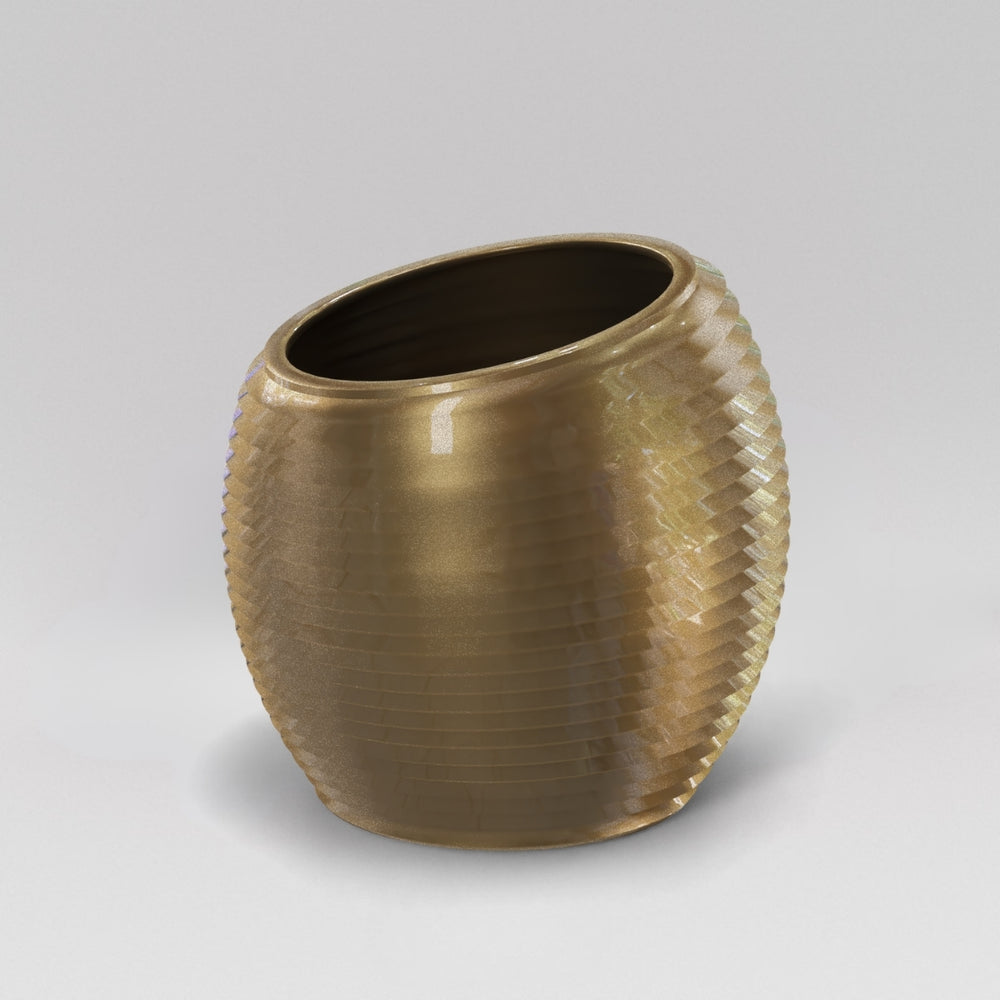 Spiral Globe Fiberglass Planter in gloss metallic gold against gray background.