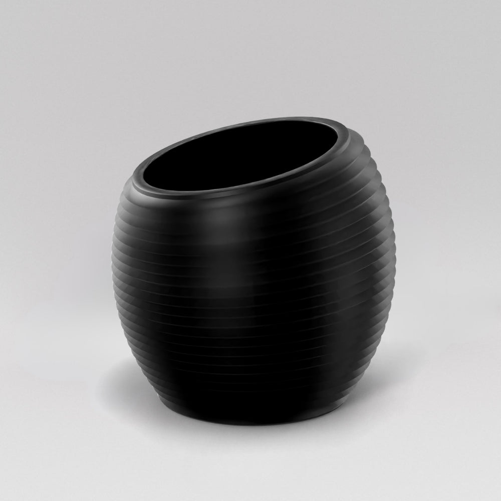Spiral Globe Fiberglass Planter in matte black against gray background.