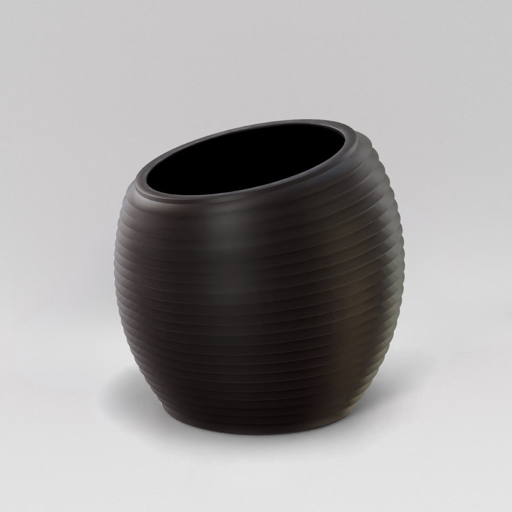 Spiral Globe Fiberglass Planter in matte charcoal against gray background.