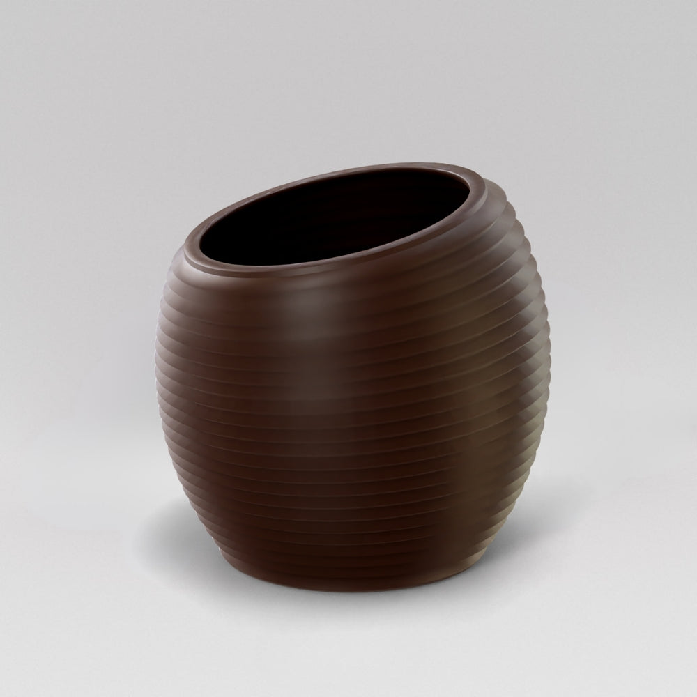 Spiral Globe Fiberglass Planter in matte dark brown against gray background.