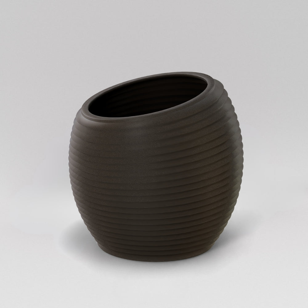 Spiral Globe Fiberglass Planter in matte gunmetal against gray background.