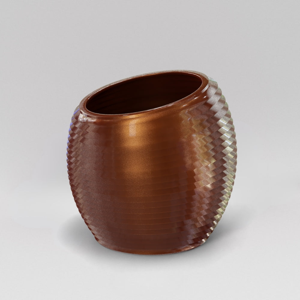 Spiral Globe Fiberglass Planter in metallic bronze against gray background.