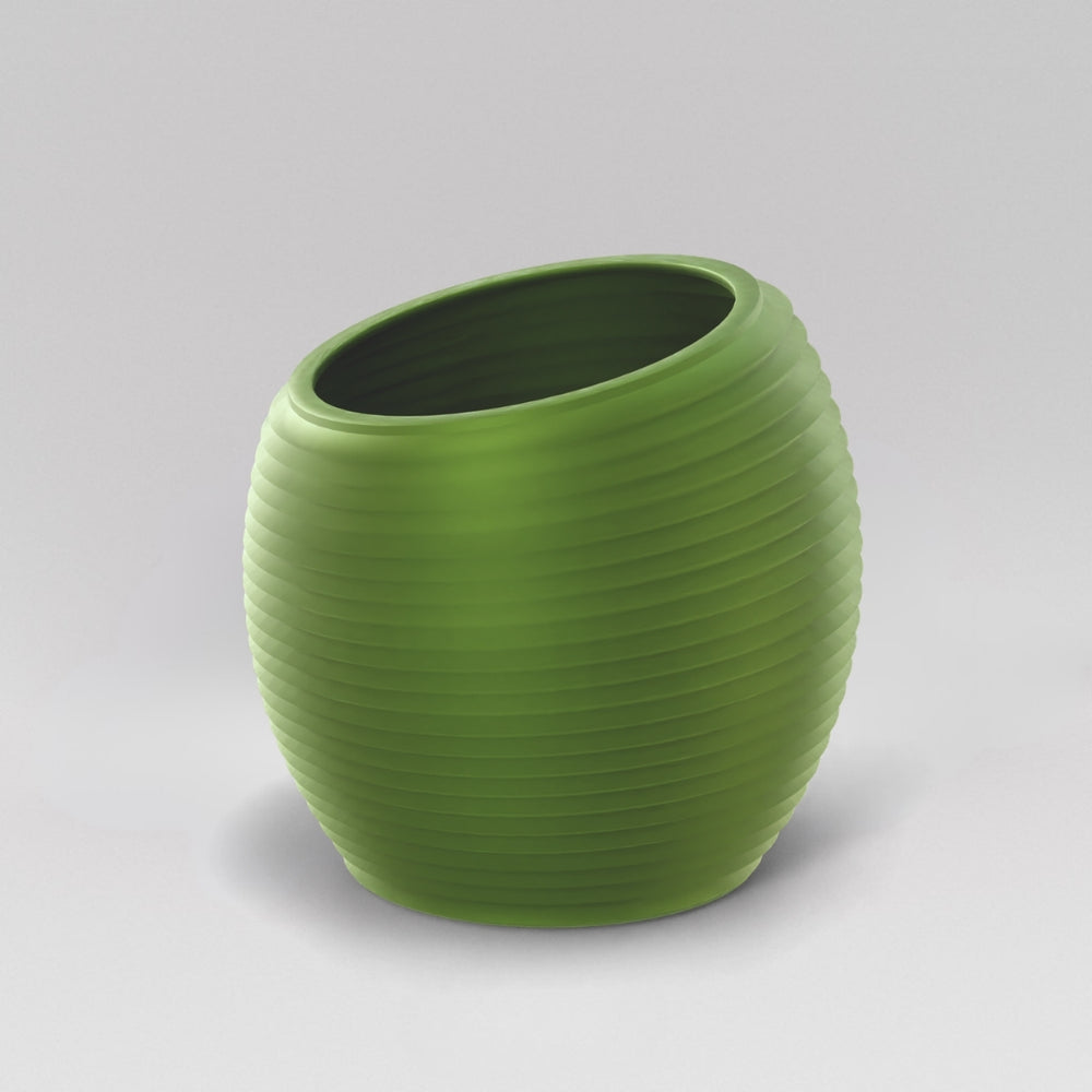 Spiral Globe Fiberglass Planter in satin green against gray background.