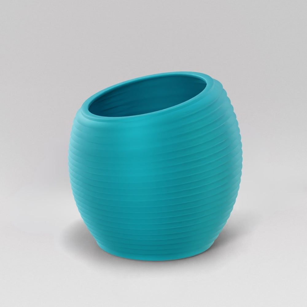 Spiral Globe Fiberglass Planter in satin seafoam green against gray background.