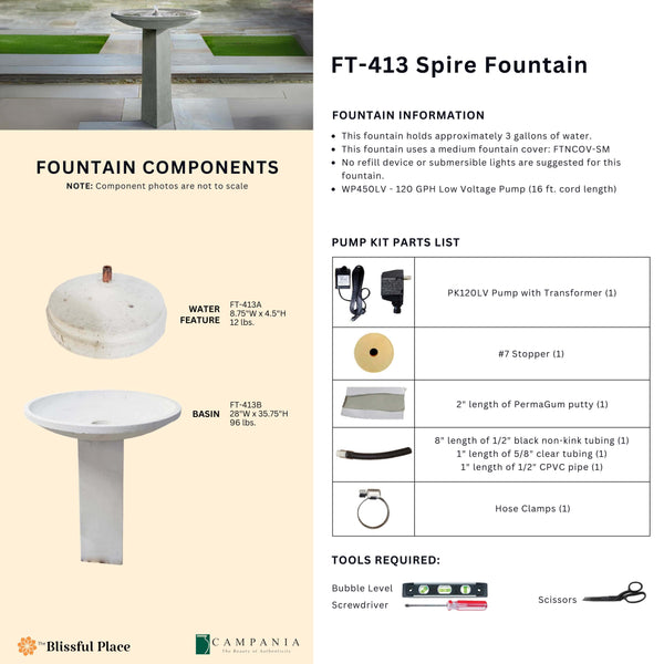 Complete overview of the Spire Fountain with dimensions, weights, pump kit parts, tools, and general info.