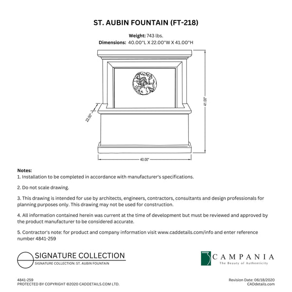 CAD drawing of the St. Aubin Fountain with dimensions, weight, and manufacturer notes.