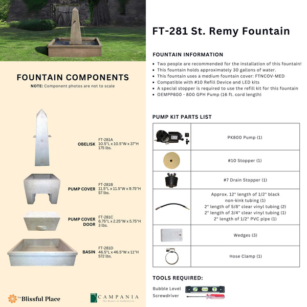 CAD drawing of the St. Remy Fountain with dimensions, weight, and manufacturer notes.