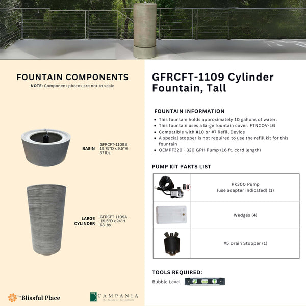 Complete overview of the Cylinder Fountain, Tall with dimensions, weights, pump kit parts, tools, and general info.