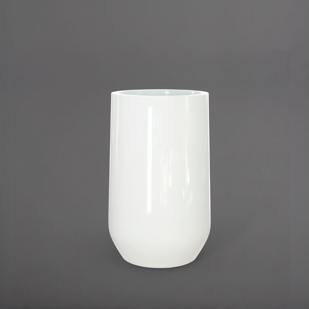 Tall Hayden Tapered Round Fiberglass Planter in gloss bright white against gray background.