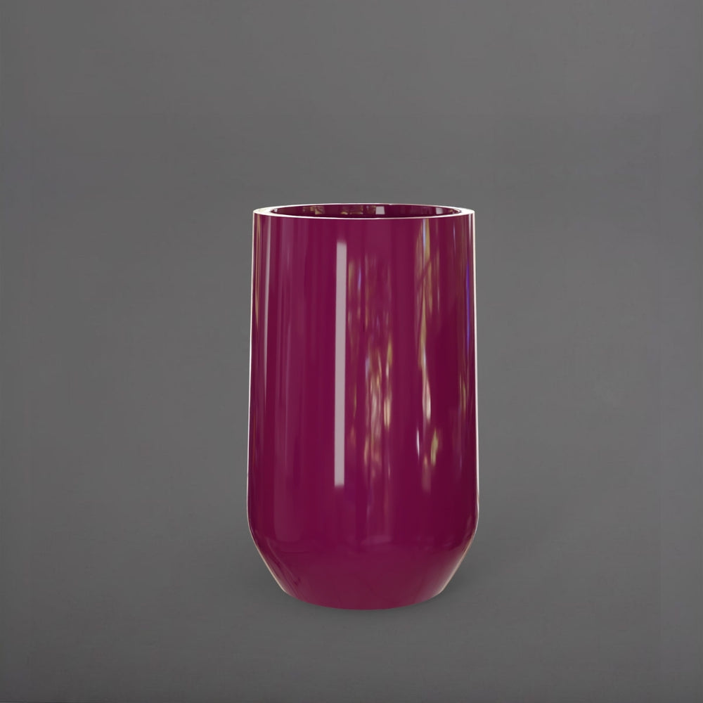 Tall Hayden Tapered Round Fiberglass Planter in gloss eggplant against gray background.