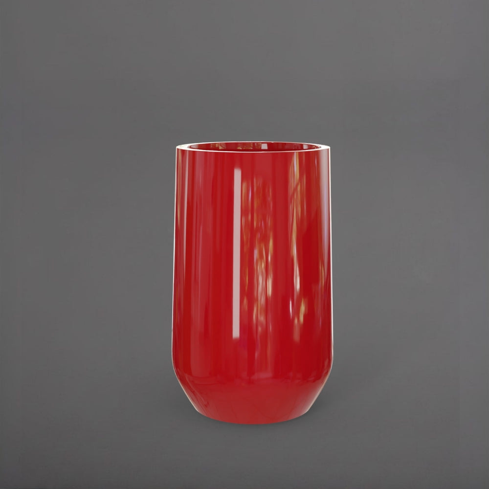 Tall Hayden Tapered Round Fiberglass Planter in gloss red against gray background.