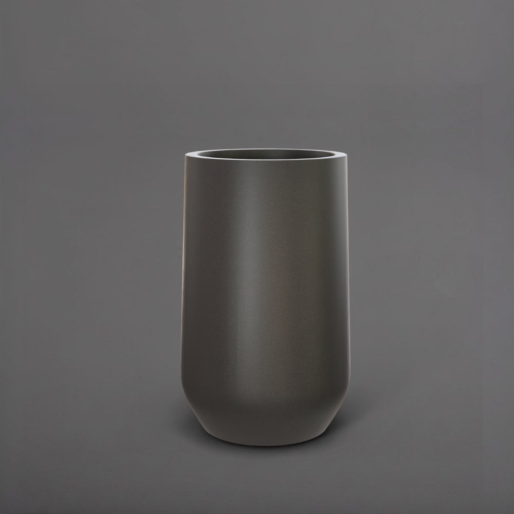 Tall Hayden Tapered Round Fiberglass Planter in matte gunmetal against gray background.