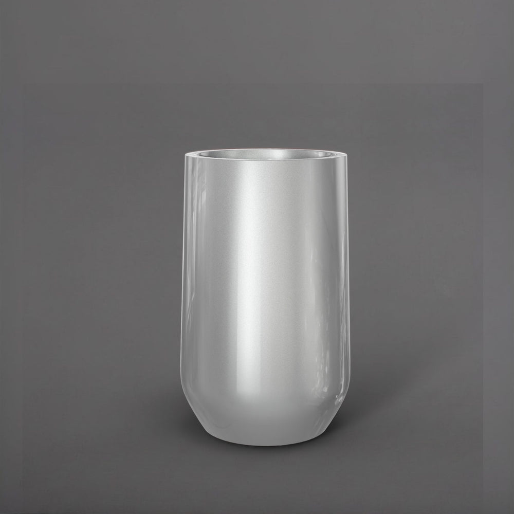 Tall Hayden Tapered Round Fiberglass Planter in metallic silver against gray background.