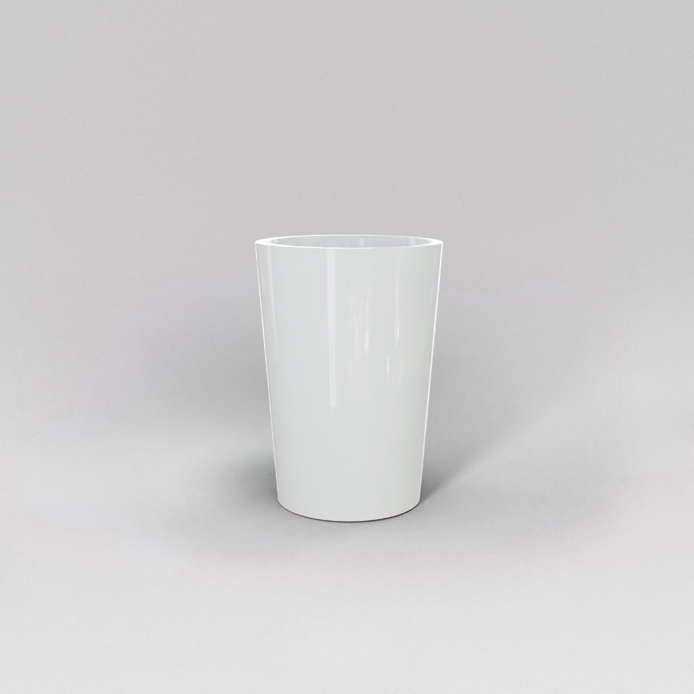 Tagel Tapered Round Fiberglass Planter in gloss bright white against gray background.