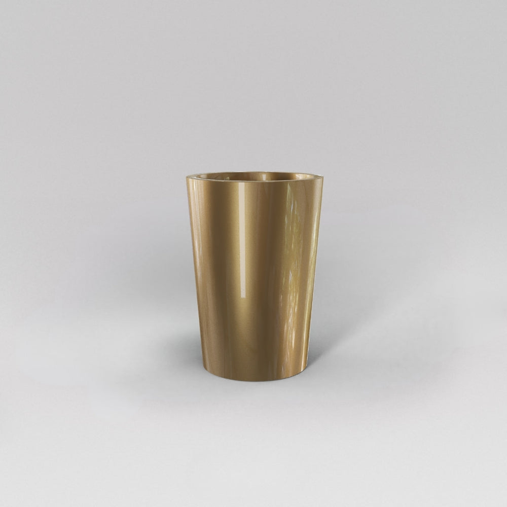 Tagel Tapered Round Fiberglass Planter in gloss metallic gold against gray background.