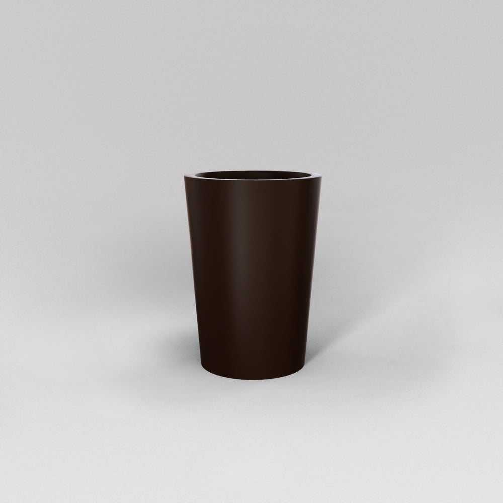 Tagel Tapered Round Fiberglass Planter in matte dark brown against gray background.