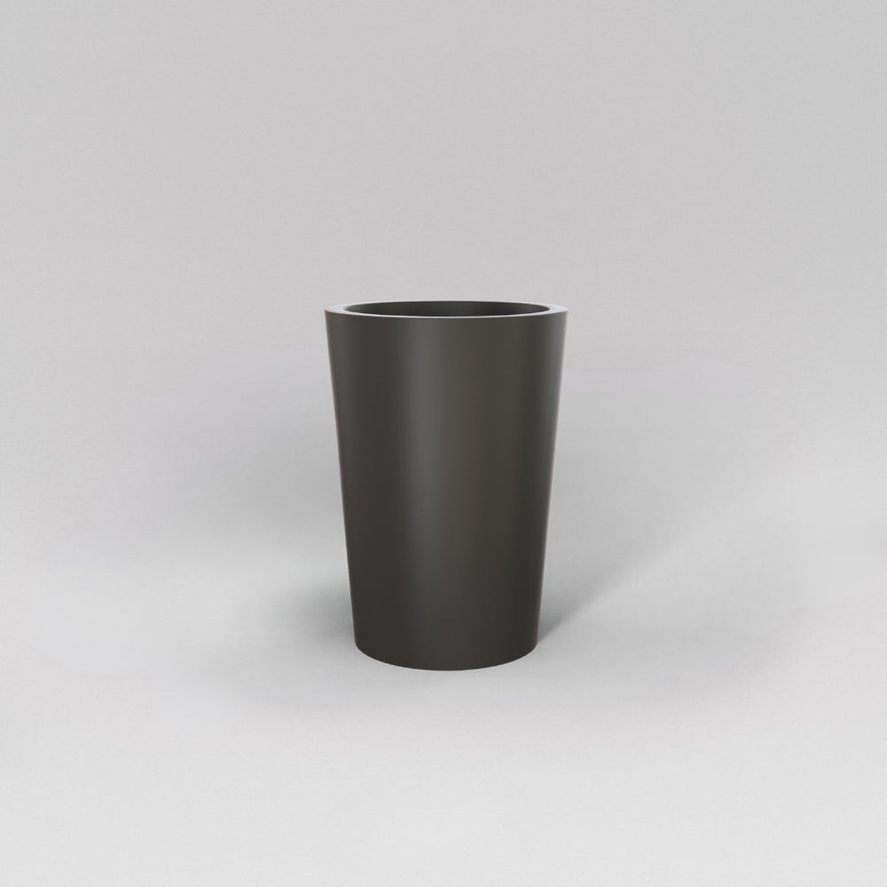Tagel Tapered Round Fiberglass Planter in matte gunmetal against gray background.
