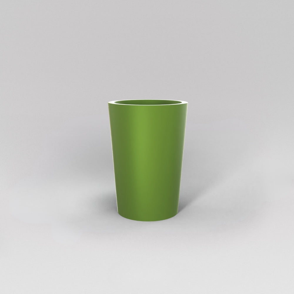 Tagel Tapered Round Fiberglass Planter in satin green against gray background.