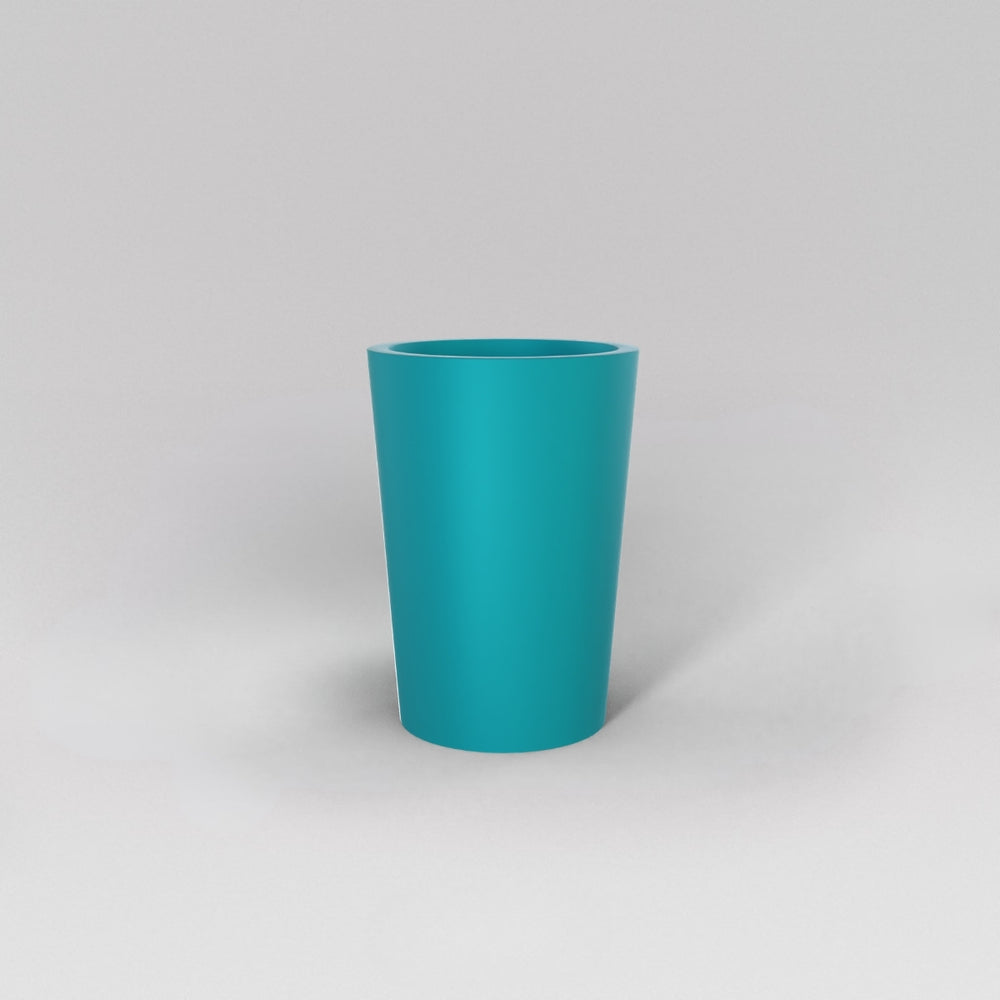 Tagel Tapered Round Fiberglass Planter in satin seafoam green against gray background.