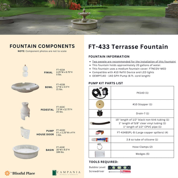 CAD drawing of the Terrasse Fountain with dimensions, weight, and manufacturer notes.