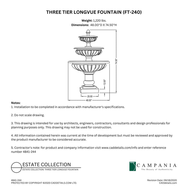 CAD drawing of the Three Tier Longvue Fountain with dimensions, weight, and manufacturer notes.