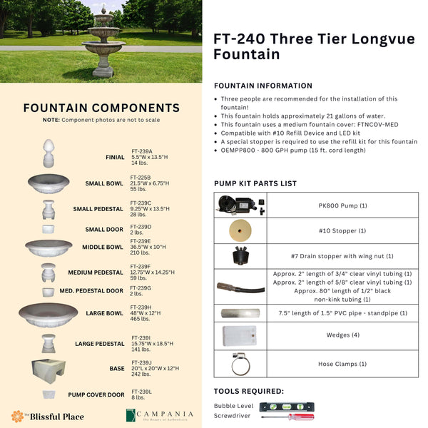 CAD drawing of the Three Tier Longvue Fountain with dimensions, weight, and manufacturer notes.