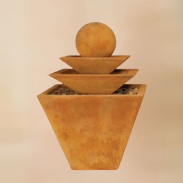 Three Tier Tapered Square Fountain against brown background.