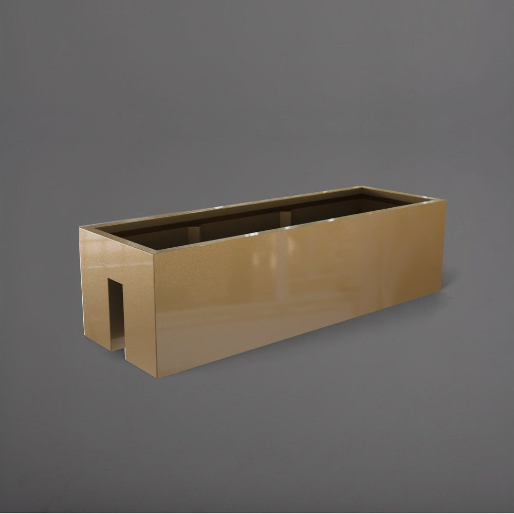 Tiergarden Railing Fiberglass Planter in gloss metallic gold against gray background.
