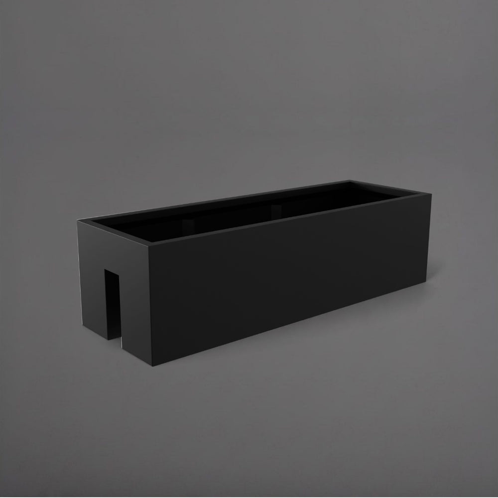 Tiergarden Railing Fiberglass Planter in matte black against gray background.