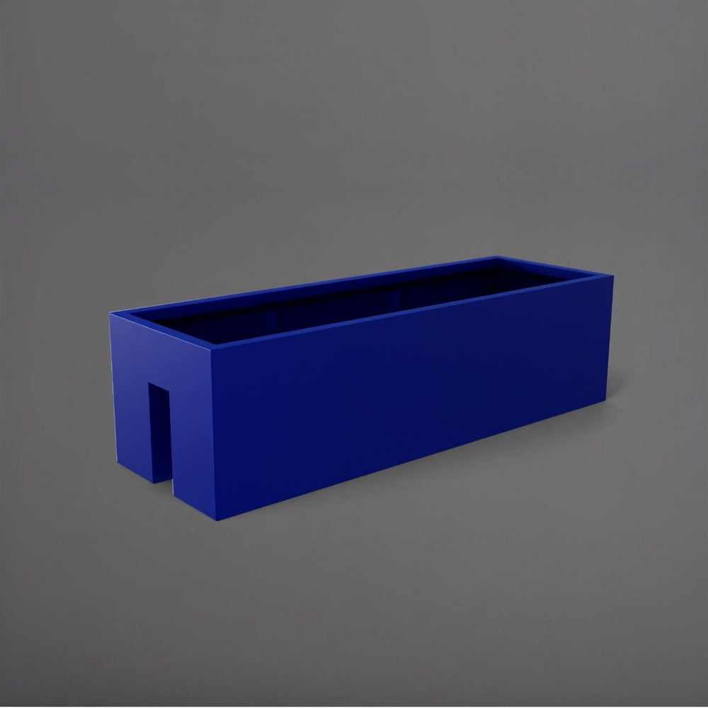 Tiergarden Railing Fiberglass Planter in matte cobalt blue against gray background.