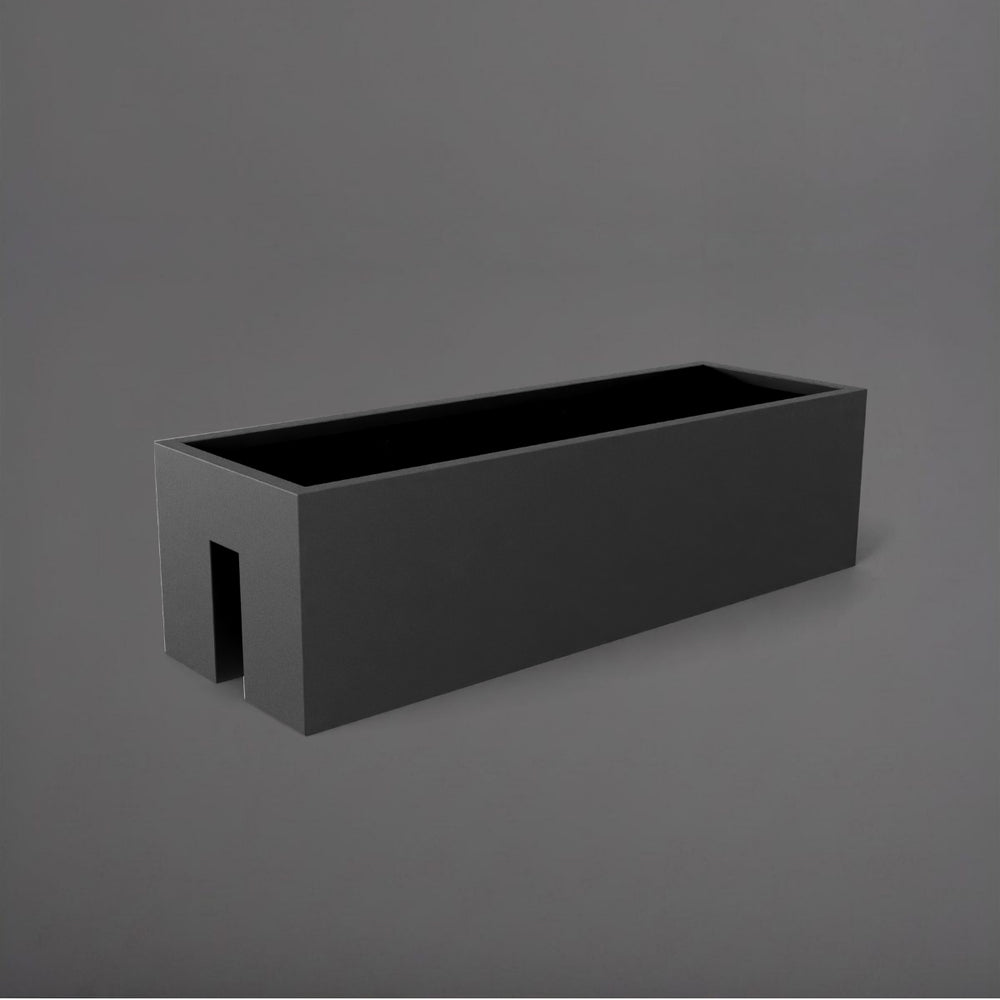 Tiergarden Railing Fiberglass Planter in matte gunmetal against gray background.
