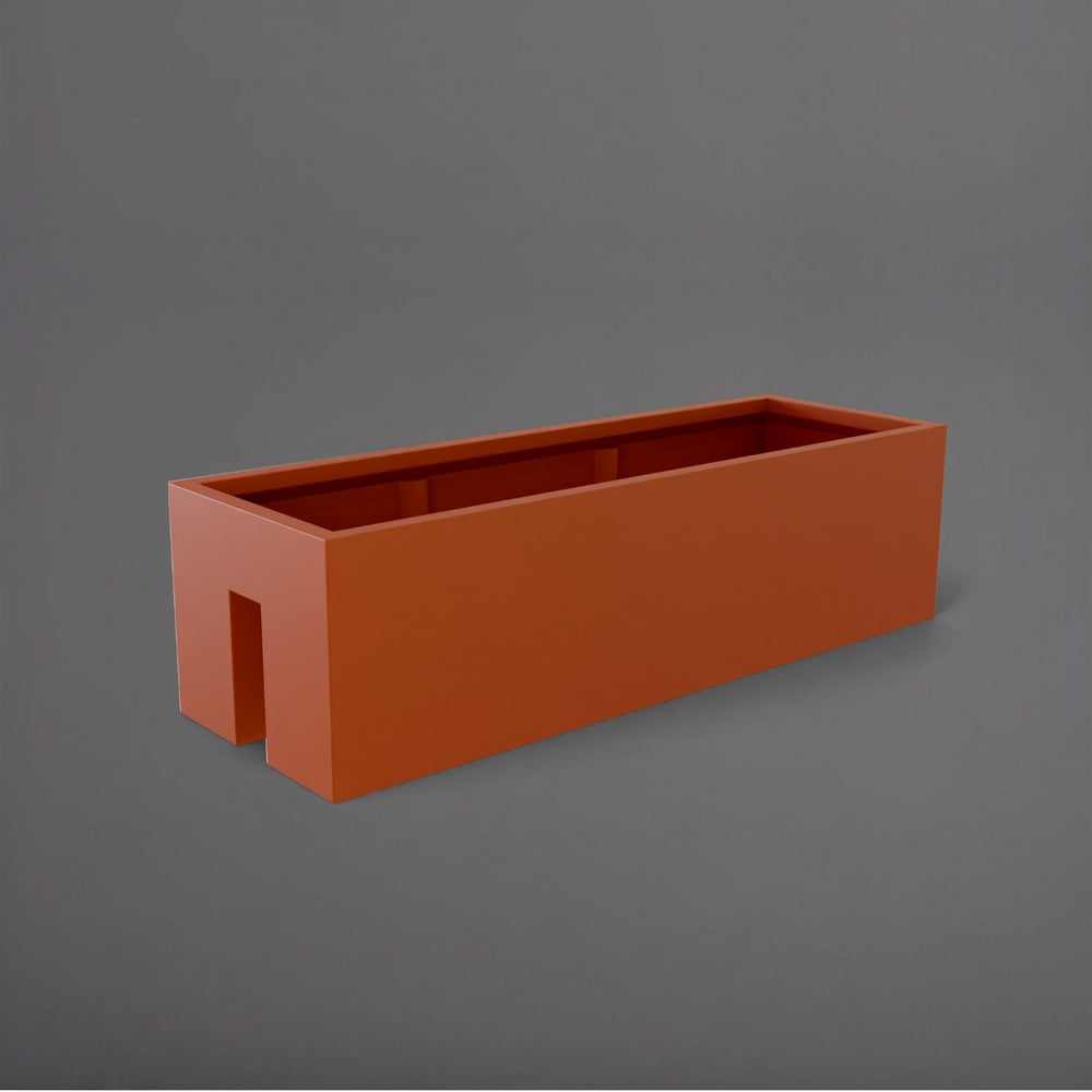 Tiergarden Railing Fiberglass Planter in matte terra cotta against gray background.