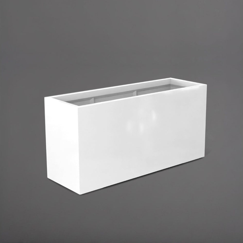 Tolga Rectangle Fiberglass Planter in gloss bright white against gray background.