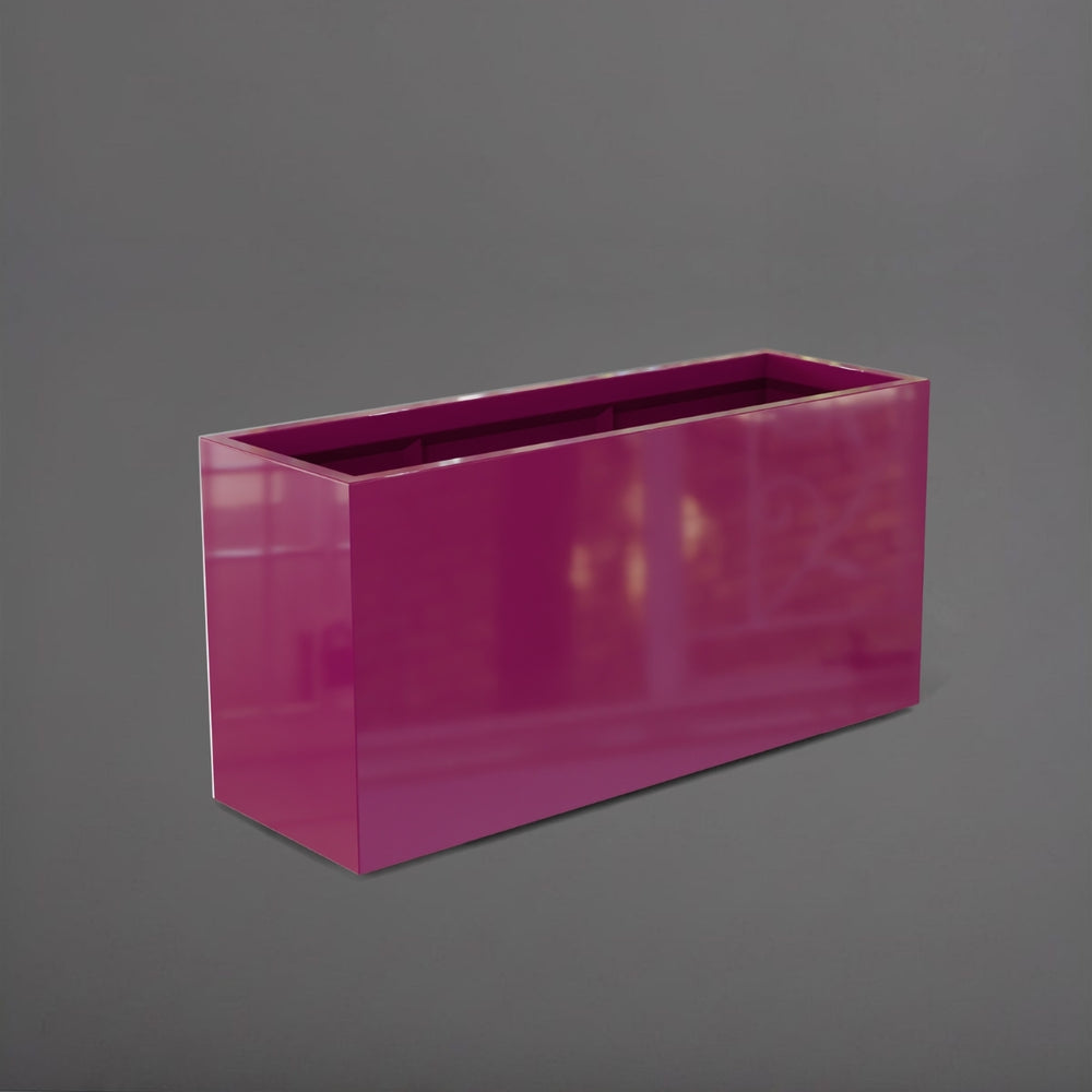 Tolga Rectangle Fiberglass Planter in gloss eggplant against gray background.
