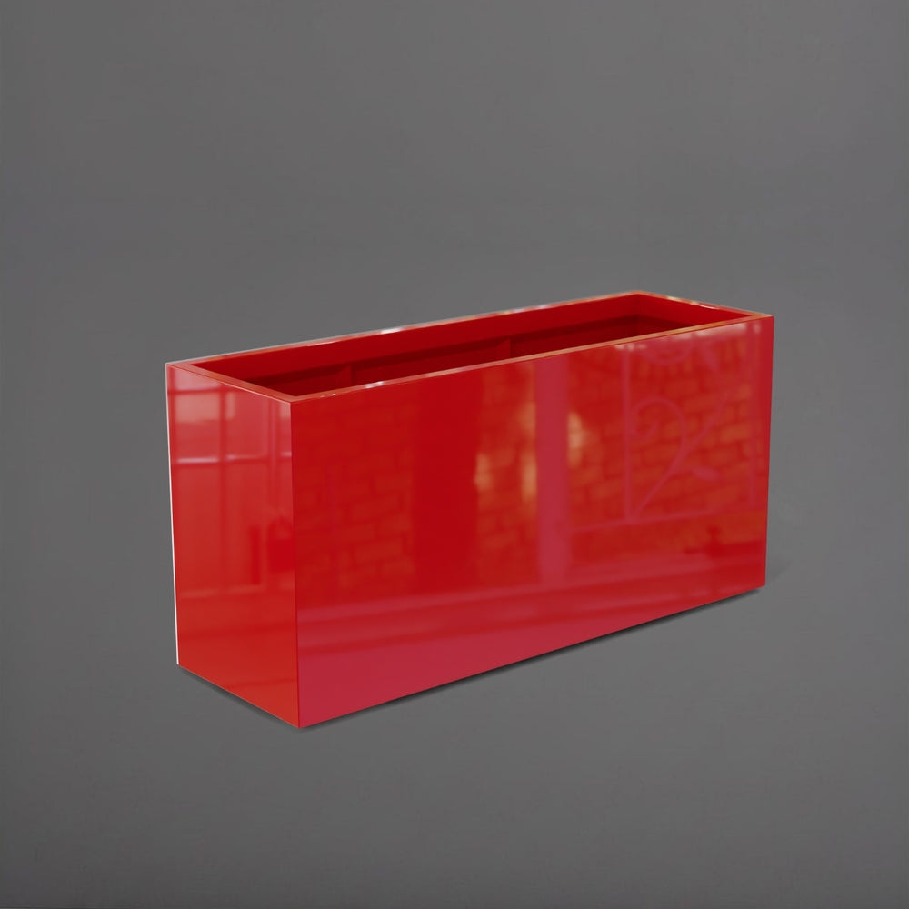 Tolga Rectangle Fiberglass Planter in gloss red against gray background.