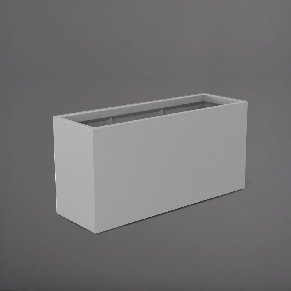 Tolga Rectangle Fiberglass Planter in matte cement grey against gray background.