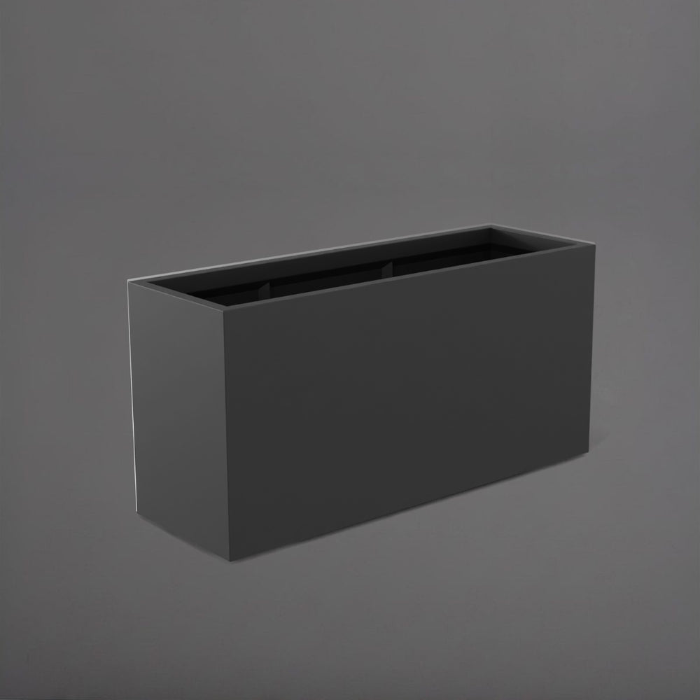 Tolga Rectangle Fiberglass Planter in matte charcoal against gray background.